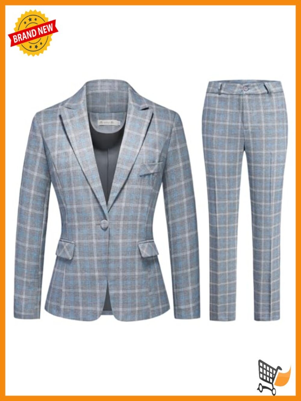 Women's 2-Piece Plaid Business Suit Blazer & Pants Set – Polyester Blend, Slim